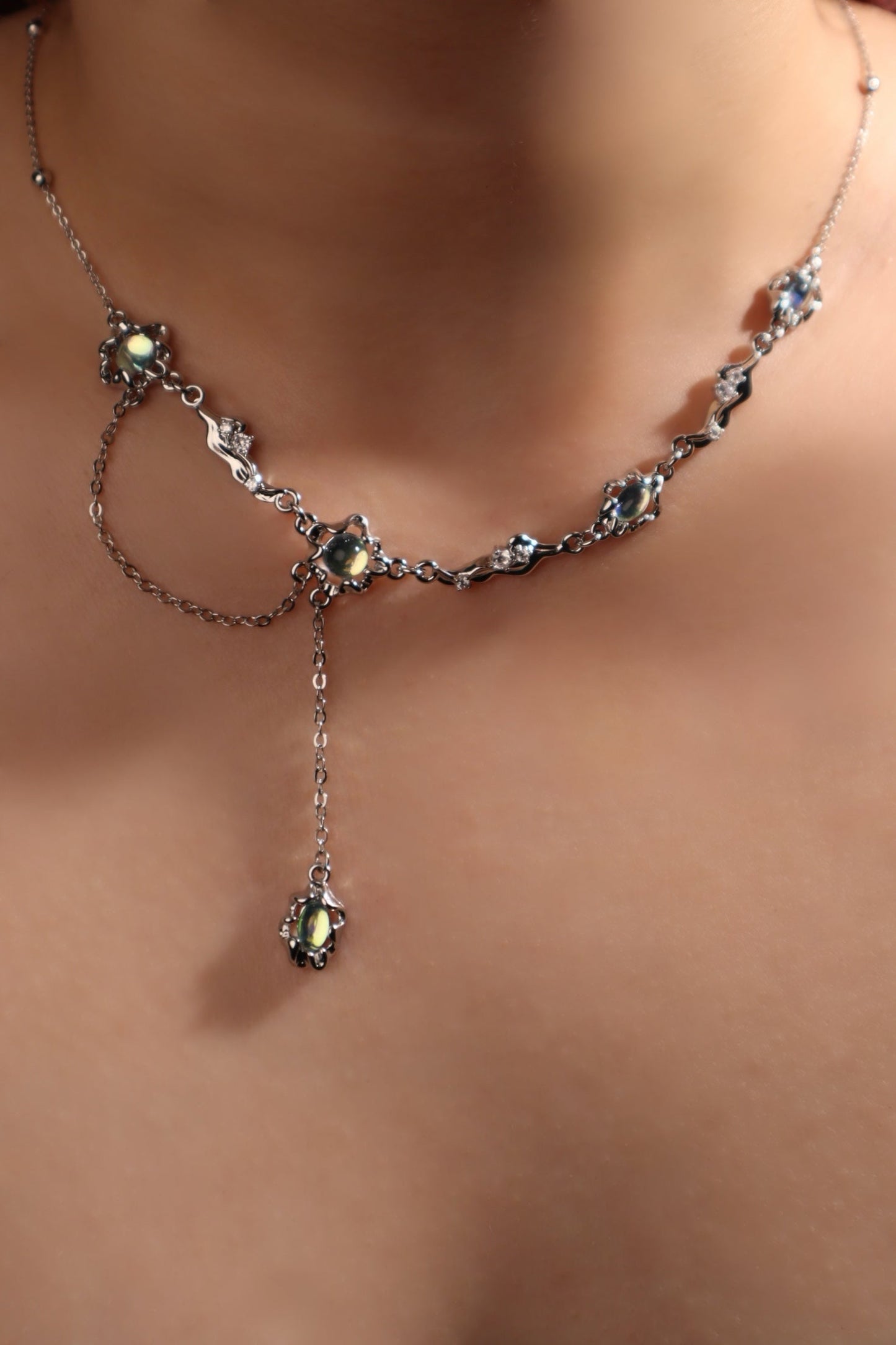 Palladium White Gold Plated Multi Opal Dangle Necklace