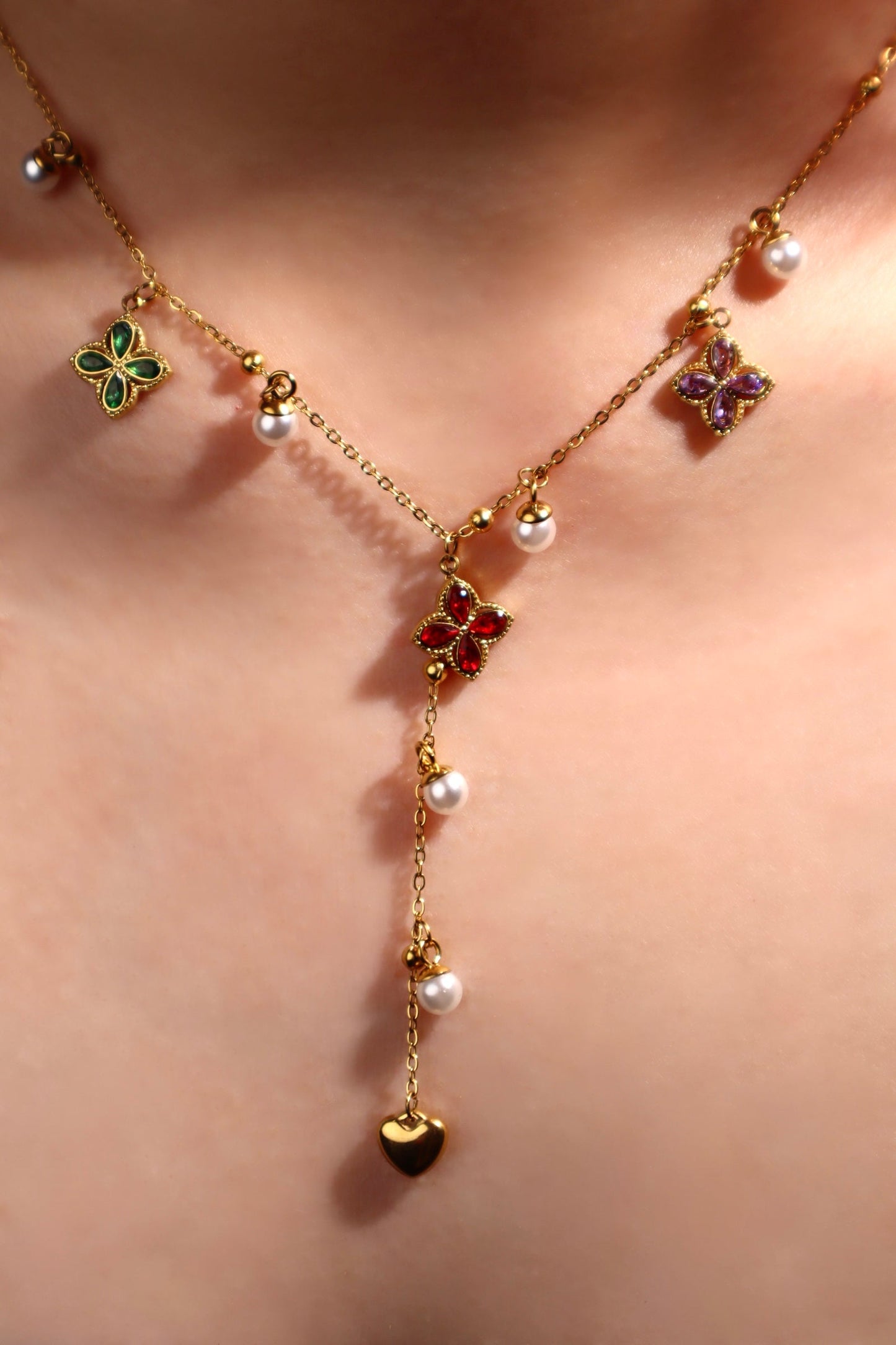 18K Gold Stainless Steel Color Petal Lariat Necklace