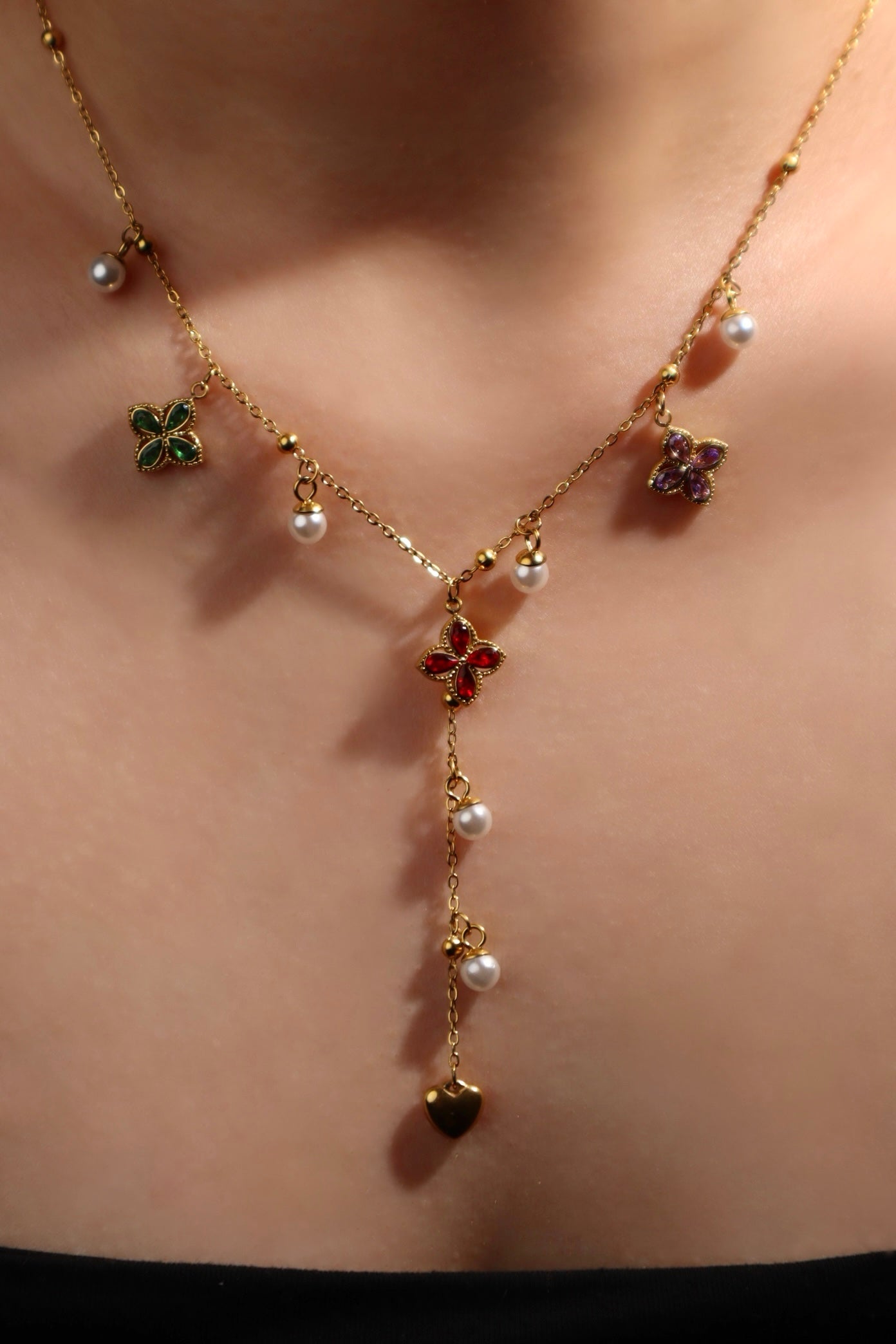 18K Gold Stainless Steel Color Petal Lariat Necklace
