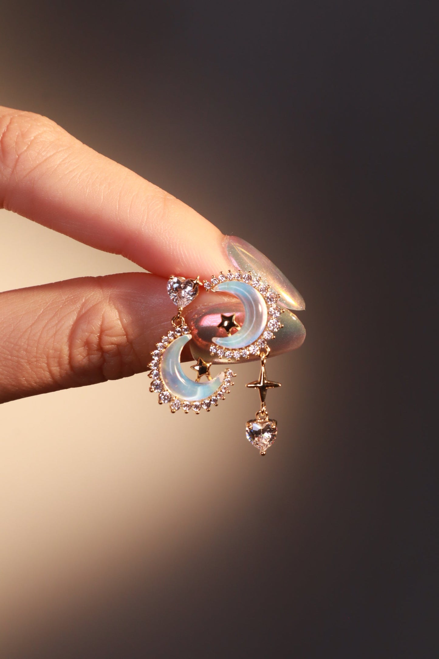14K Real Gold Plated Moonstones Moon Heart Earrings