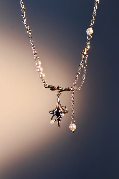Palladium White Gold Plated Saturn Pearls Necklace