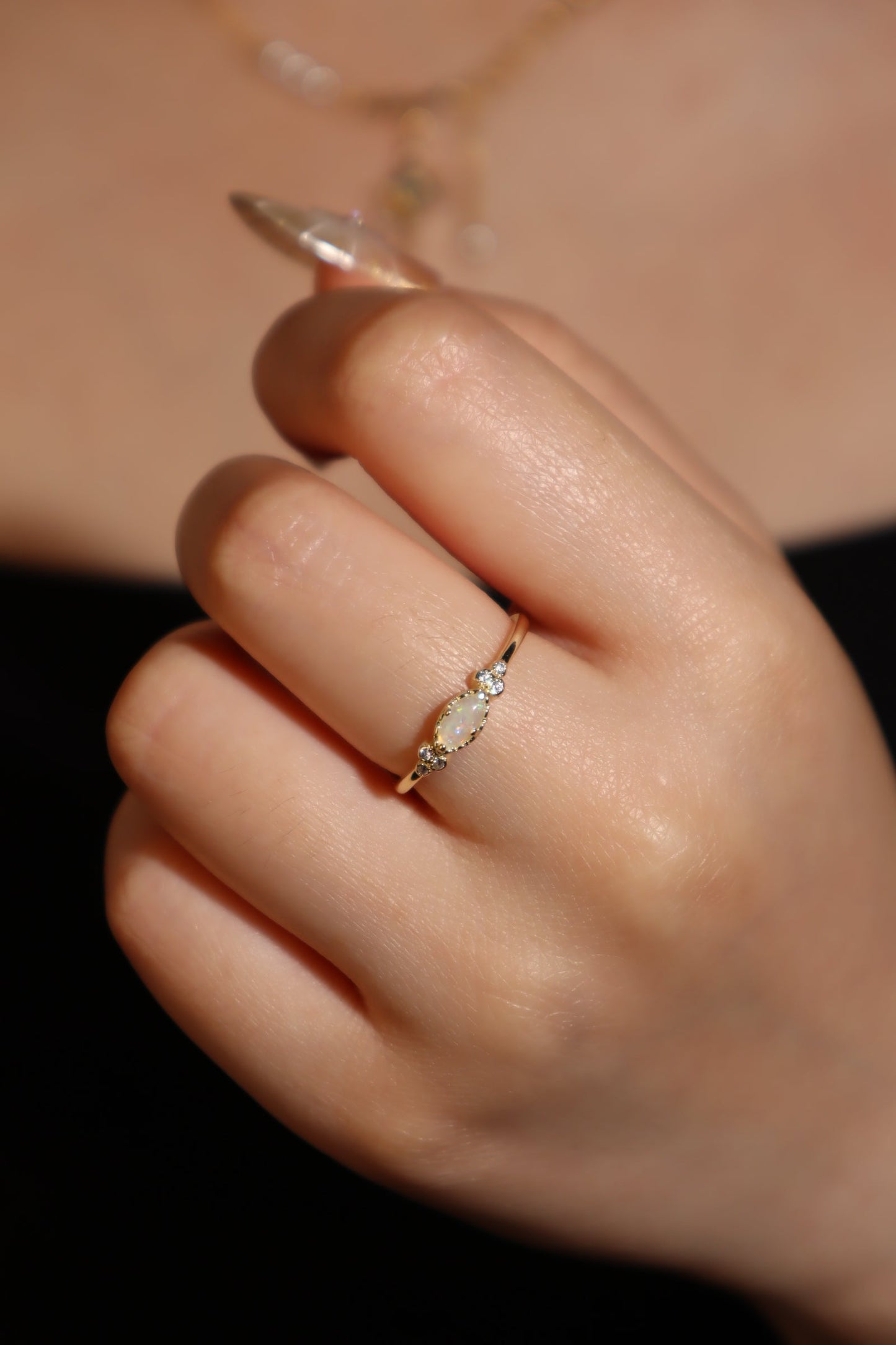 14K Real Gold Plated White Opal Diamonds Ring