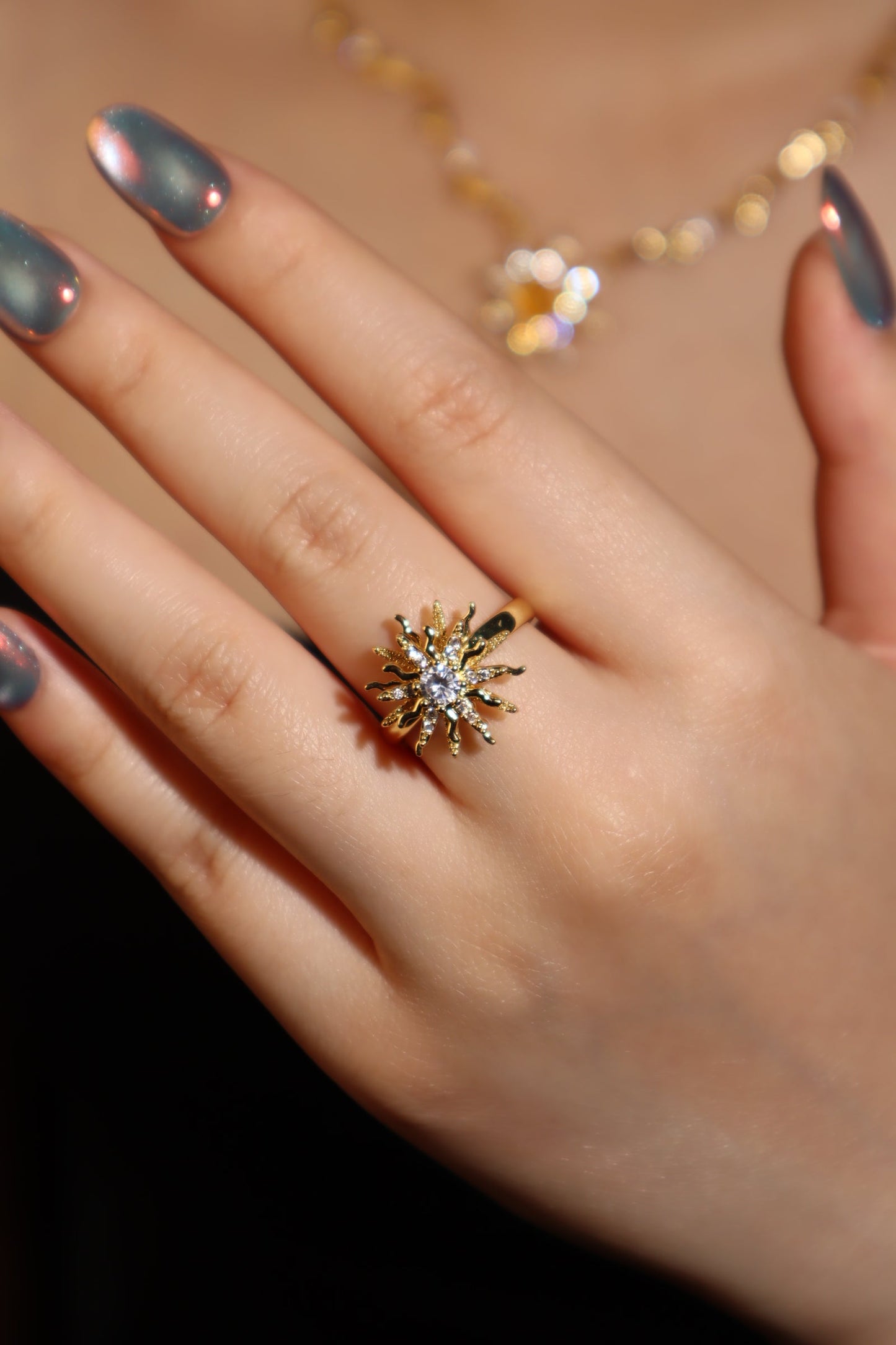 18K Gold Stainless Steel Spinning Diamond Sun Ring