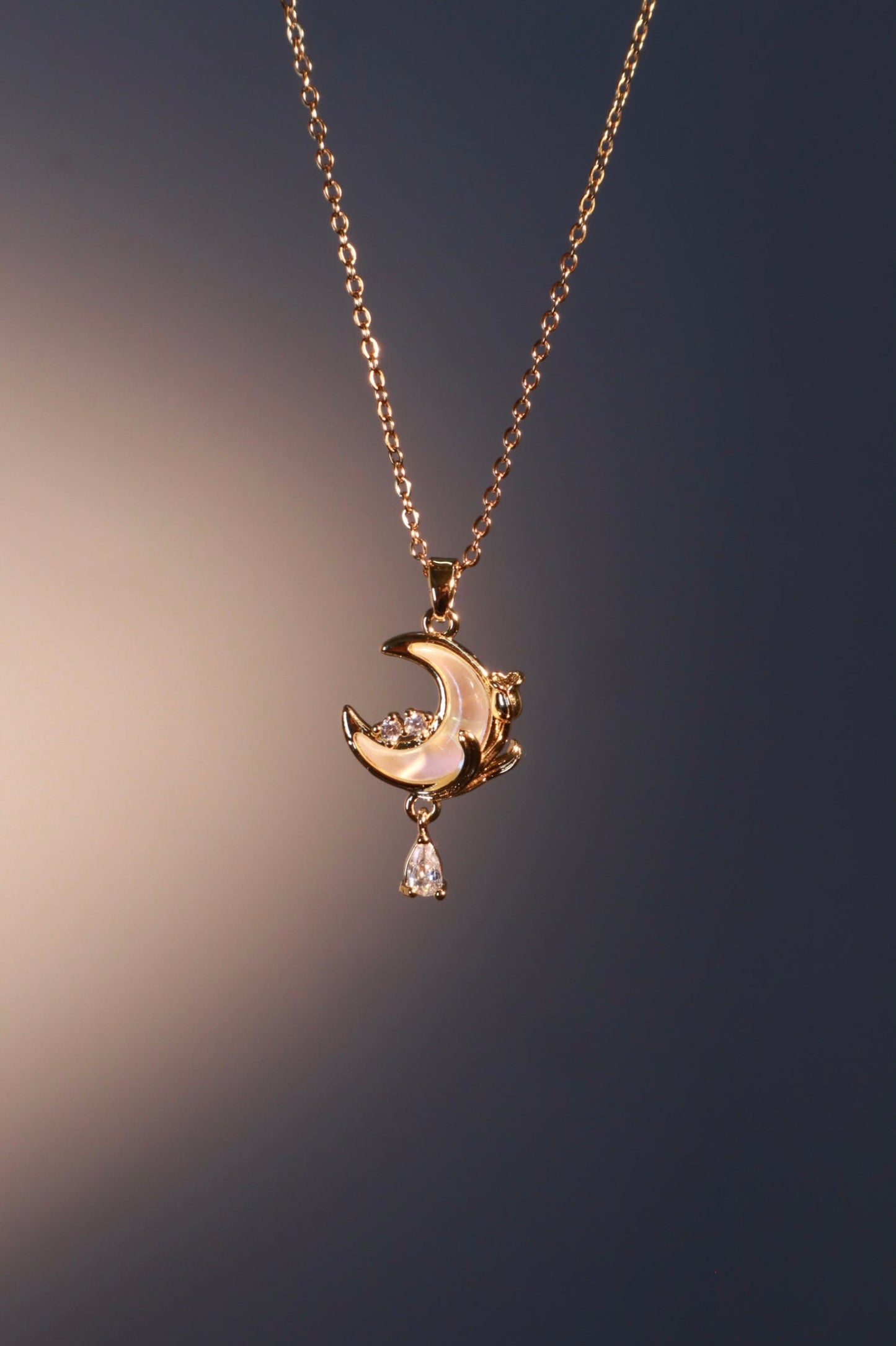 18K Real Gold Plated White Rose Moon Necklace