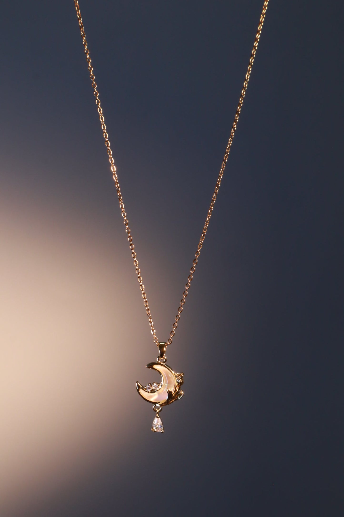 18K Real Gold Plated White Rose Moon Necklace