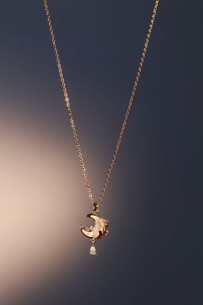 18K Real Gold Plated White Rose Moon Necklace