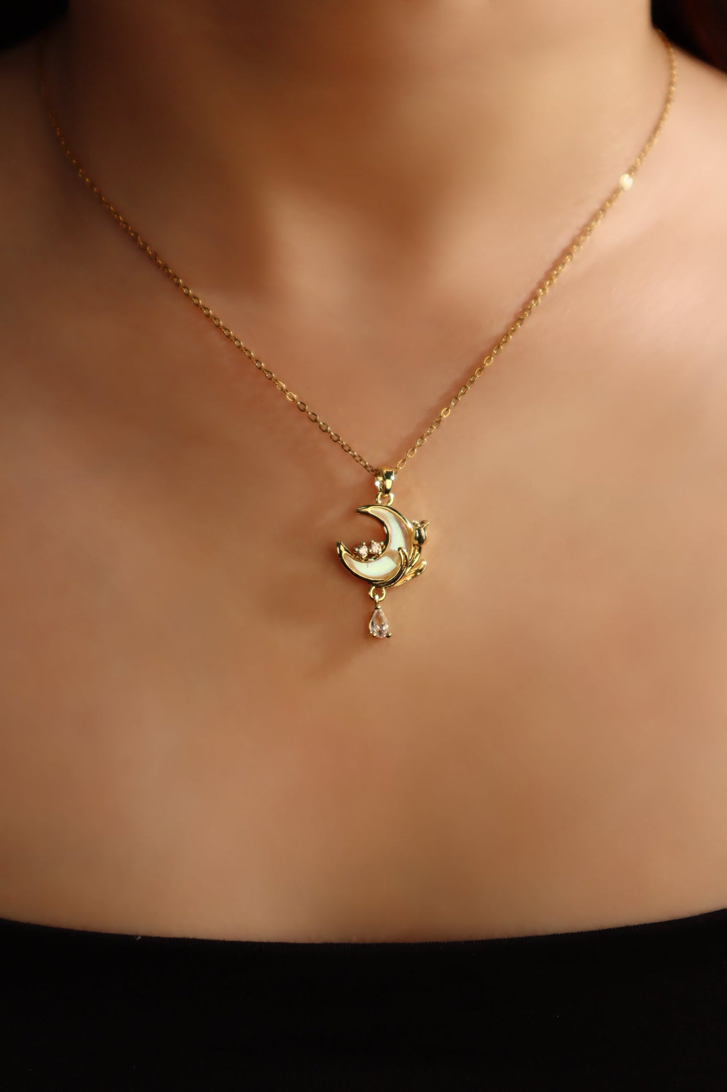 18K Real Gold Plated White Rose Moon Necklace