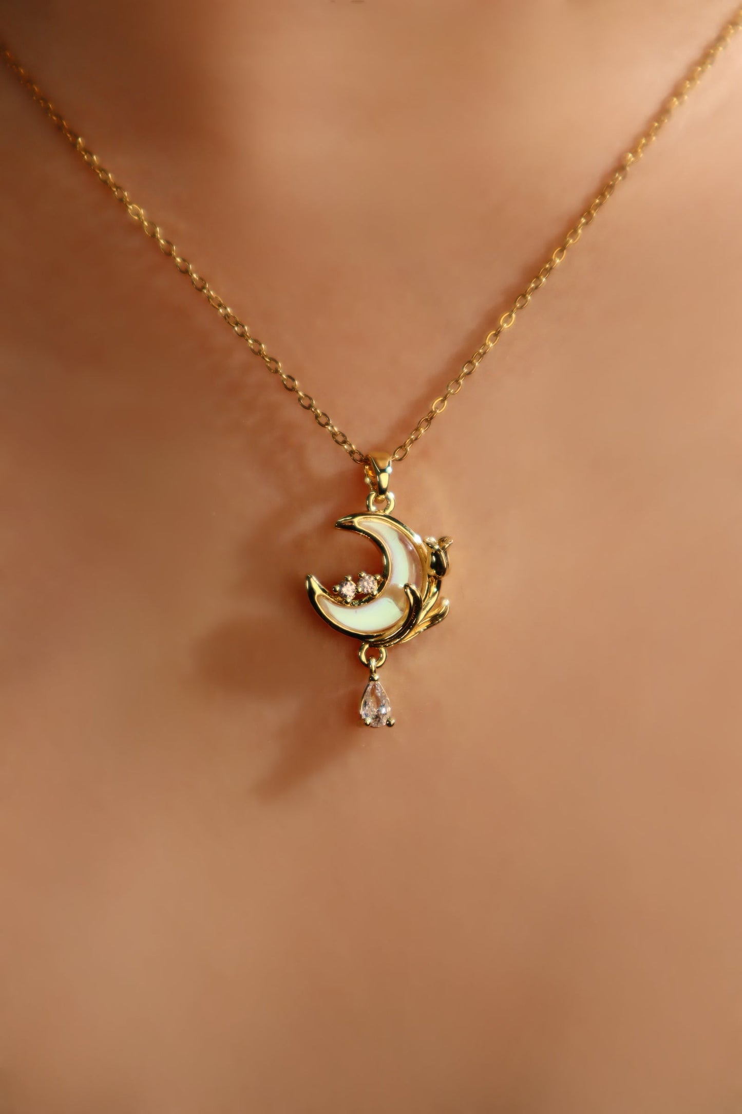 18K Real Gold Plated White Rose Moon Necklace