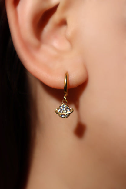 18K Gold Stainless Steel Diamond Saturn Star Hoop Earrings