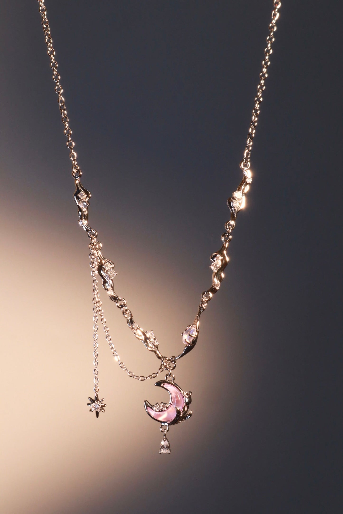 Palladium White Gold Plated Sparkle Rose Moon Necklace