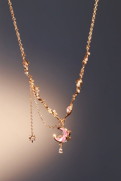 18K Real Gold Plated Sparkle Rose Moon Necklace