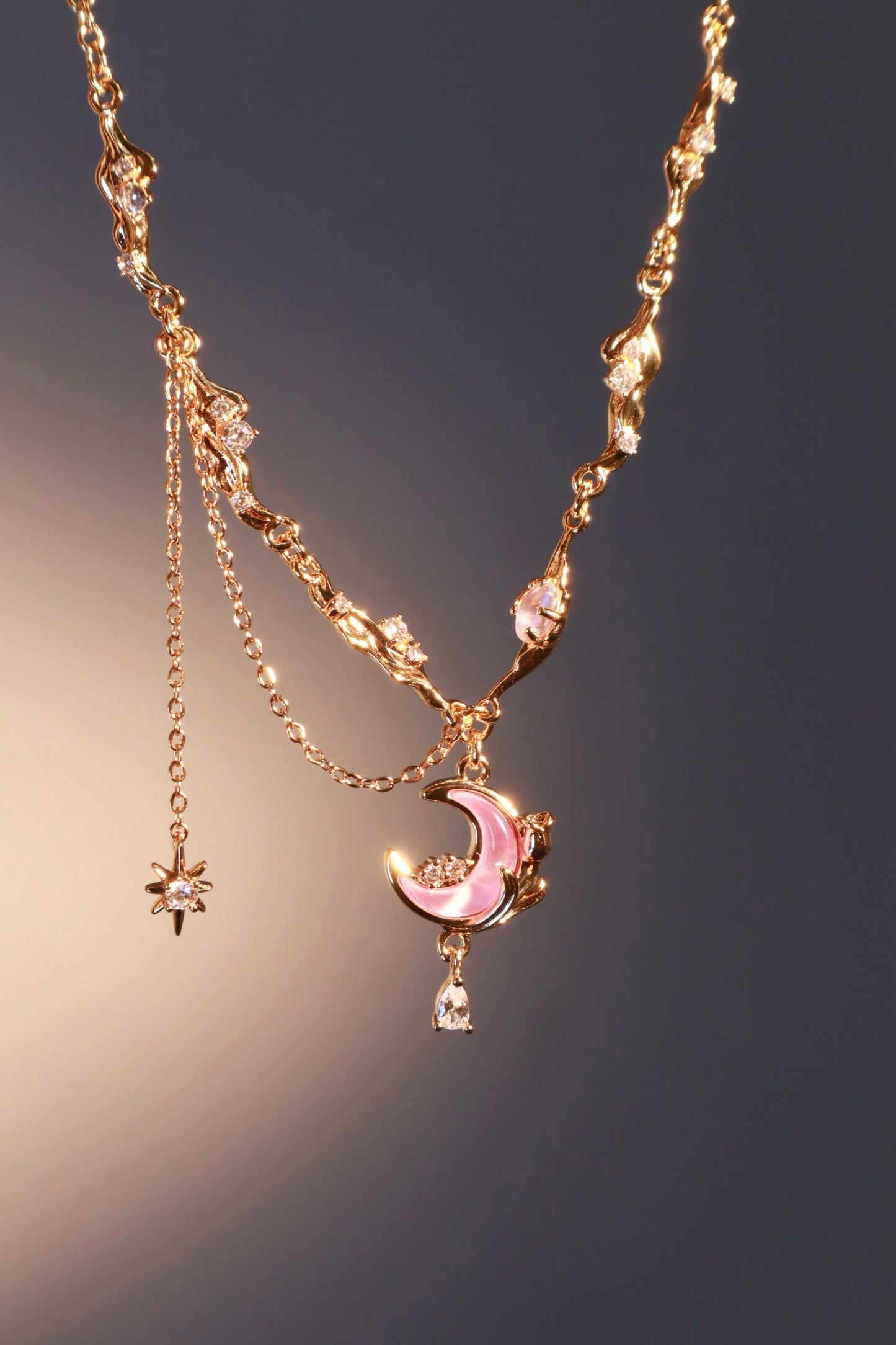 18K Real Gold Plated Sparkle Rose Moon Necklace