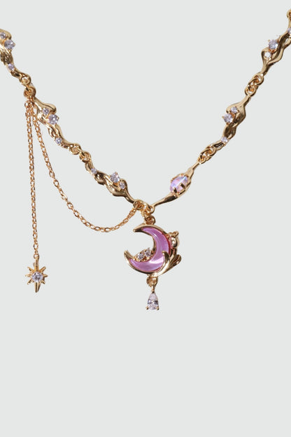 18K Real Gold Plated Sparkle Rose Moon Necklace
