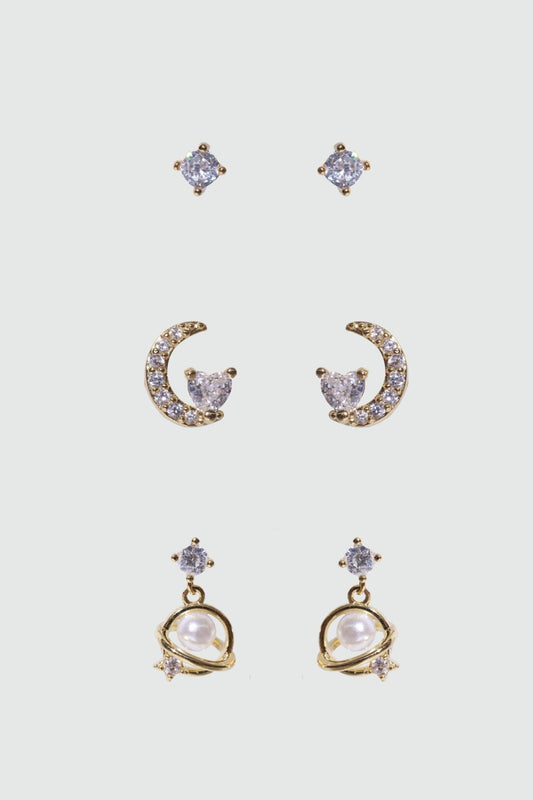 6 Pcs Saturn Pearl + Moon Earrings Bundle