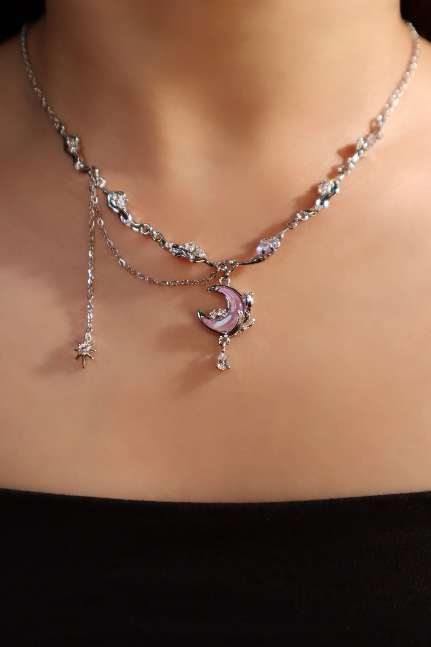 Palladium White Gold Plated Sparkle Rose Moon Necklace