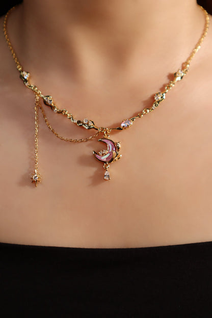 18K Real Gold Plated Sparkle Rose Moon Necklace