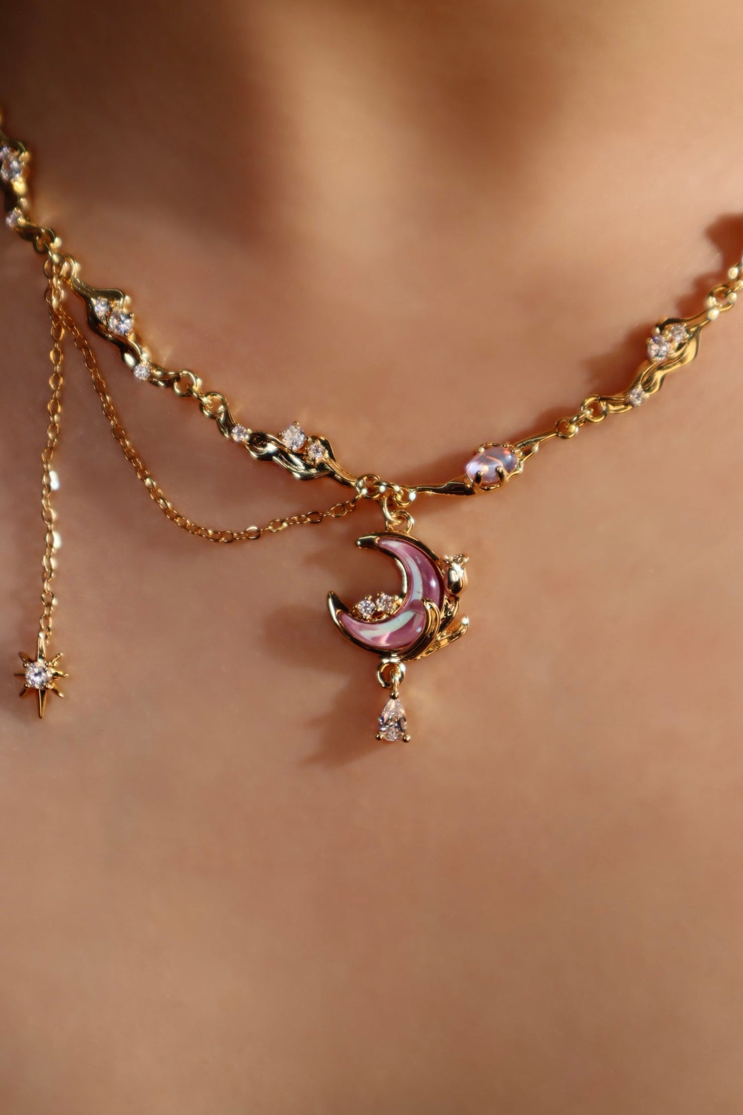 18K Real Gold Plated Sparkle Rose Moon Necklace