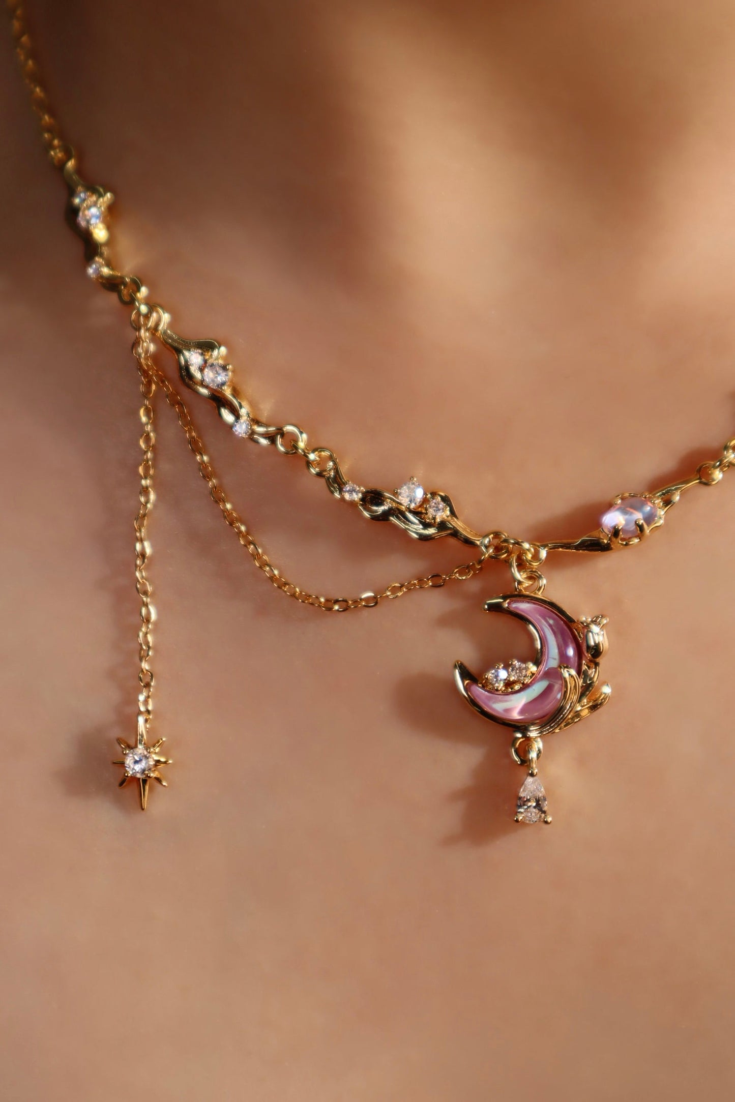 18K Real Gold Plated Sparkle Rose Moon Necklace