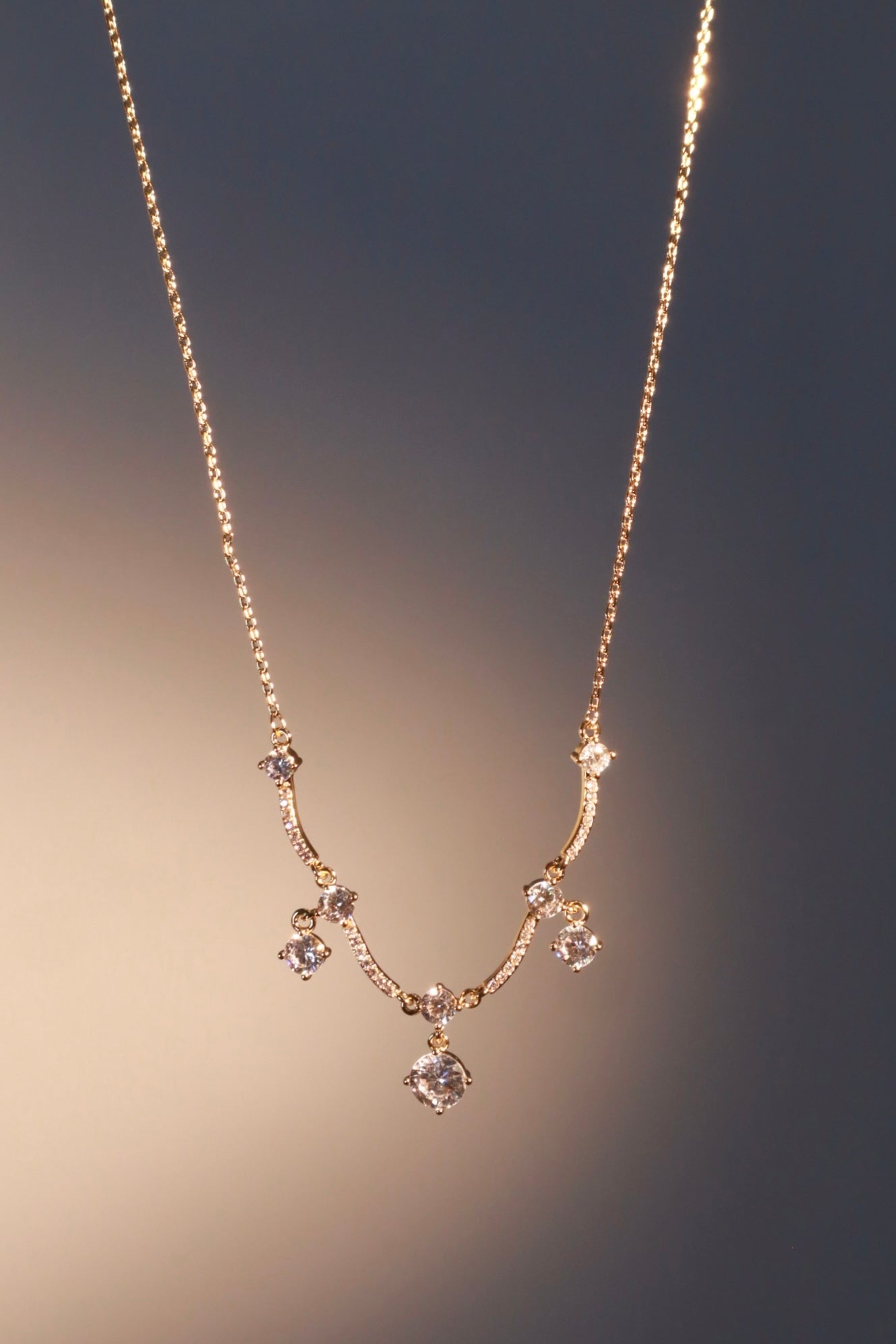 14K Real Gold Plated Curved Diamond Wave Necklace