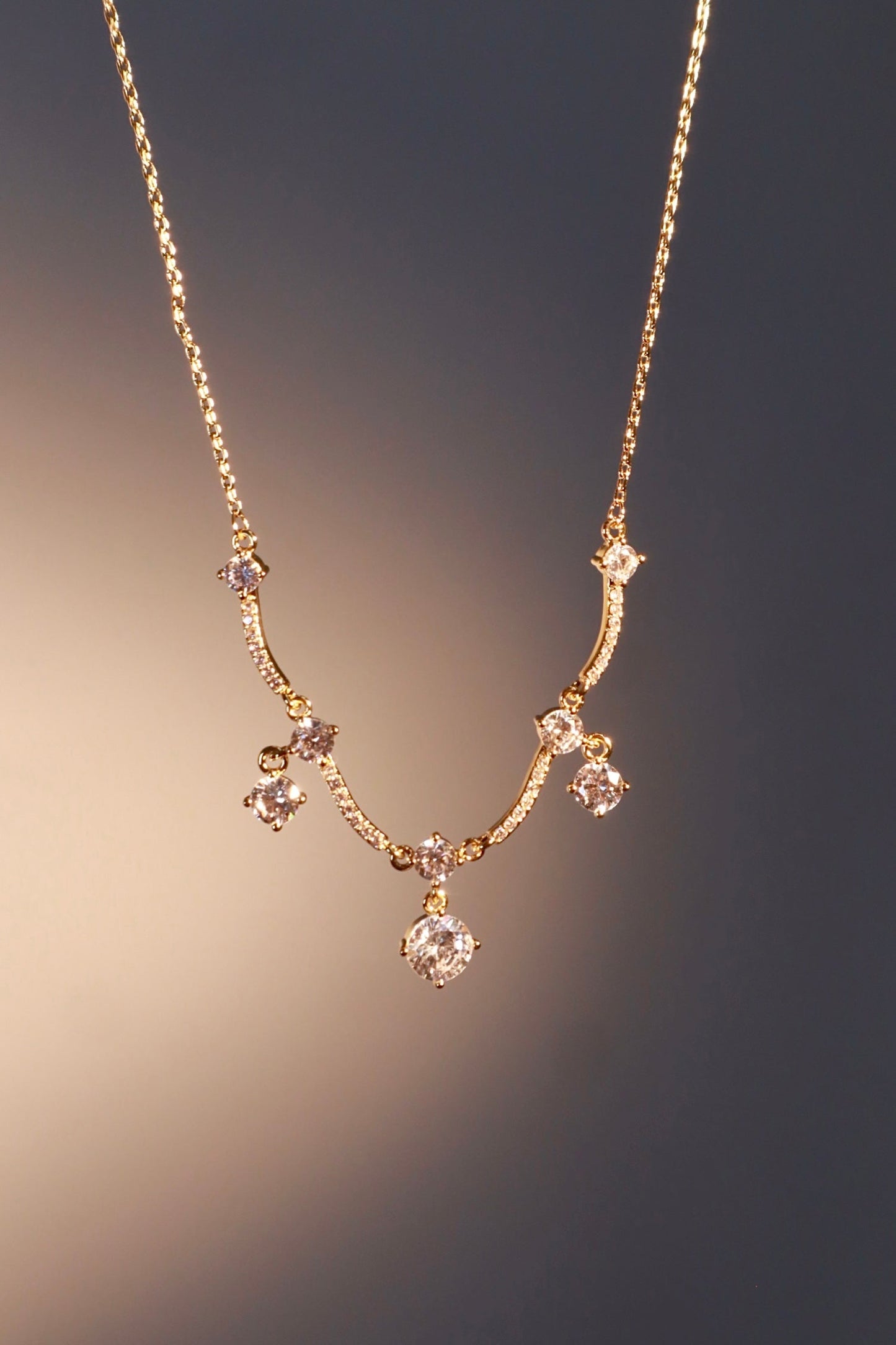 14K Real Gold Plated Curved Diamond Wave Necklace