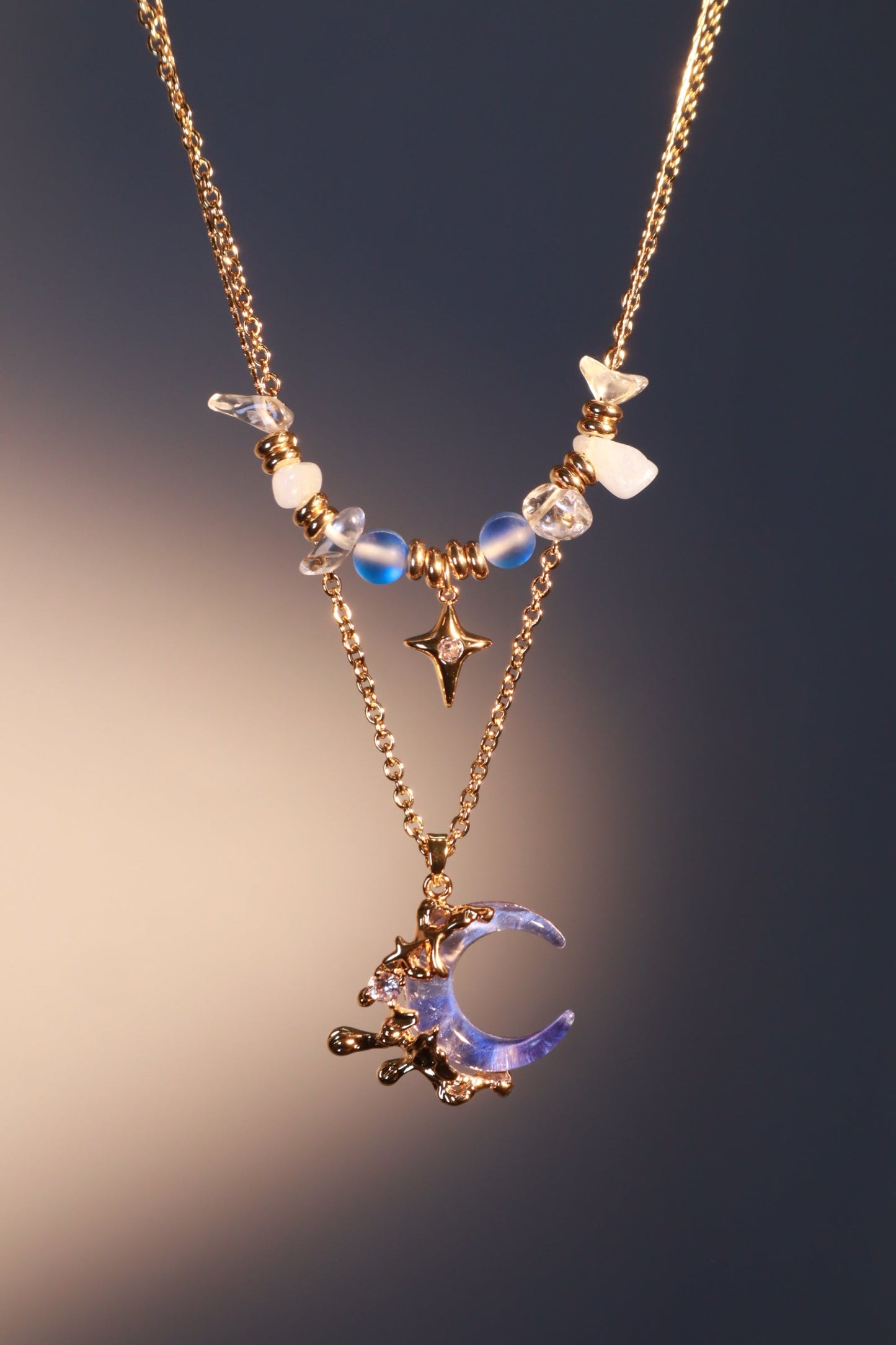 18K Real Gold Plated Gradient Blue Moon Necklace