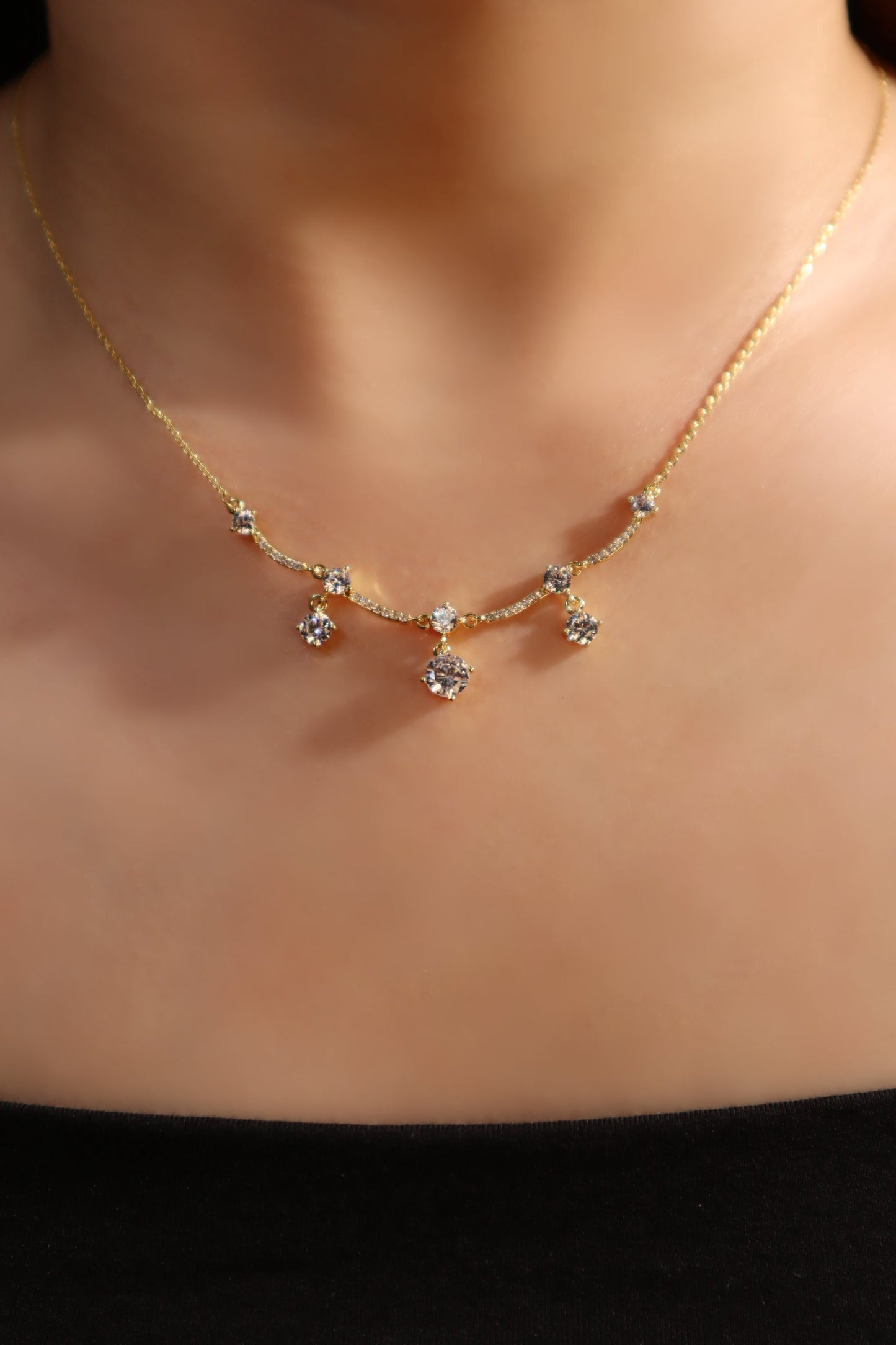 14K Real Gold Plated Curved Diamond Wave Necklace
