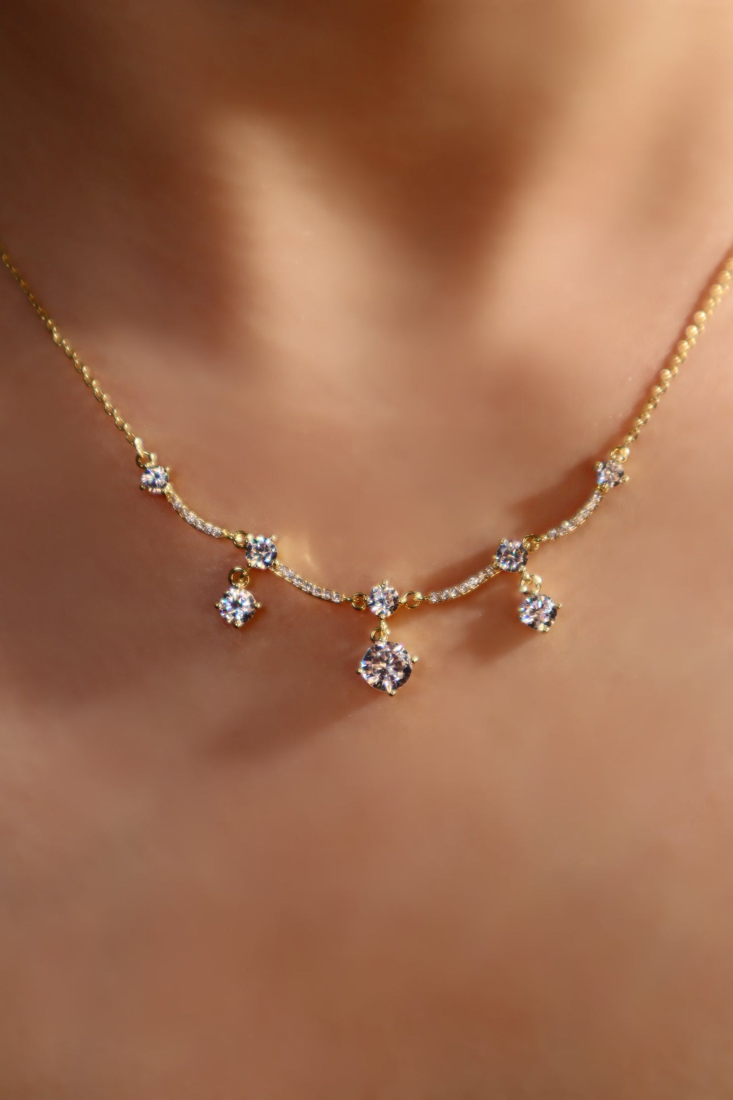 14K Real Gold Plated Curved Diamond Wave Necklace