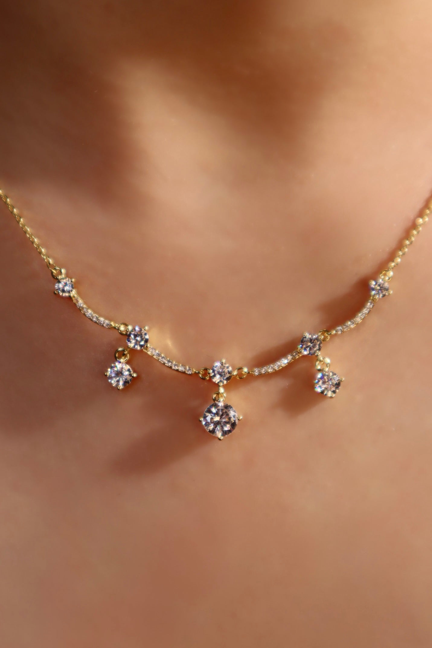 14K Real Gold Plated Curved Diamond Wave Necklace