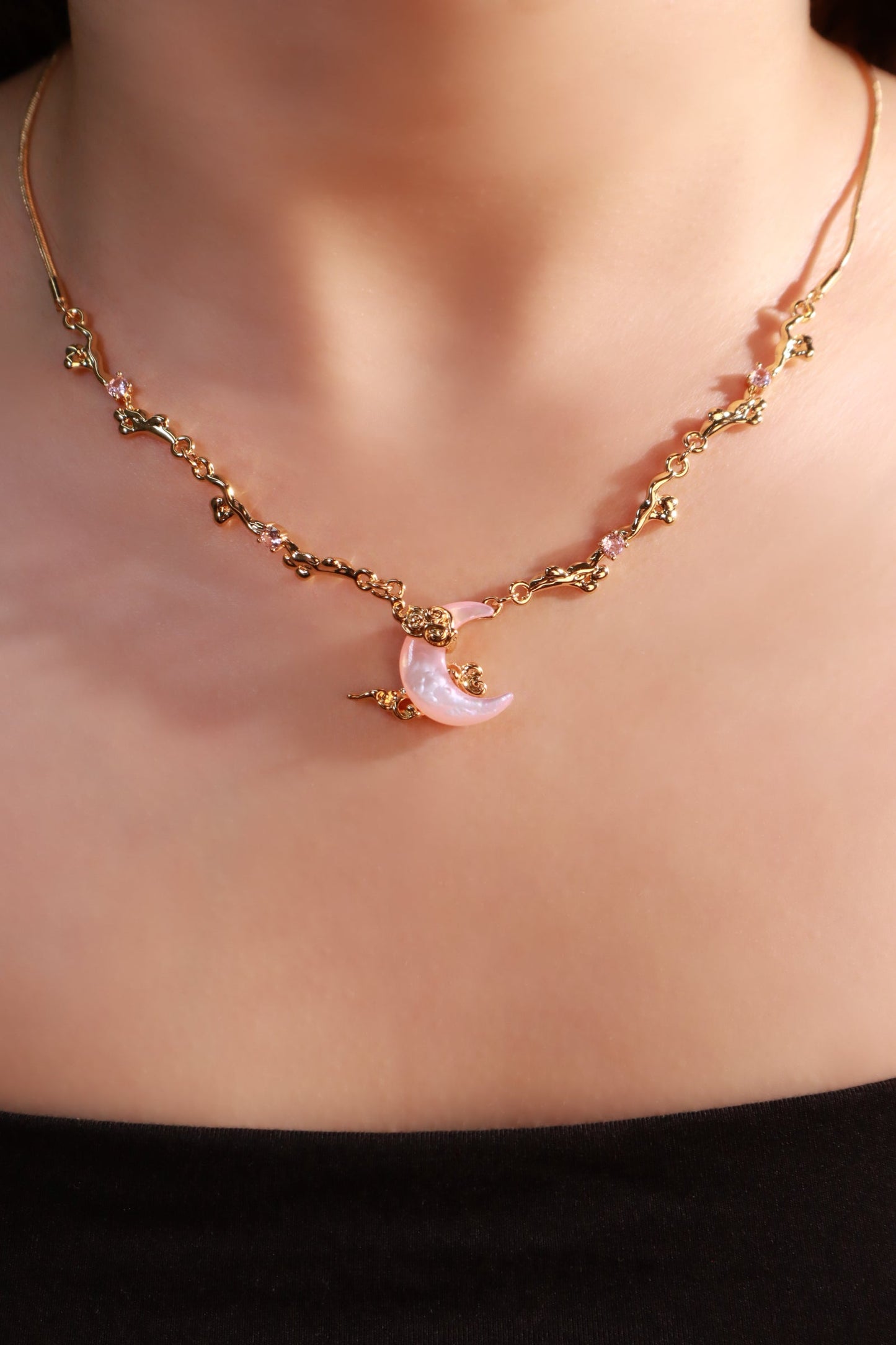 18K Real Gold Plated Pink Natural Shell Moon Necklace