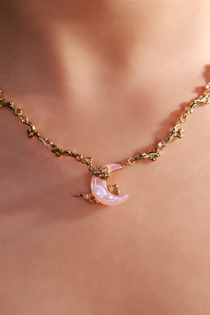 18K Real Gold Plated Pink Natural Shell Moon Necklace