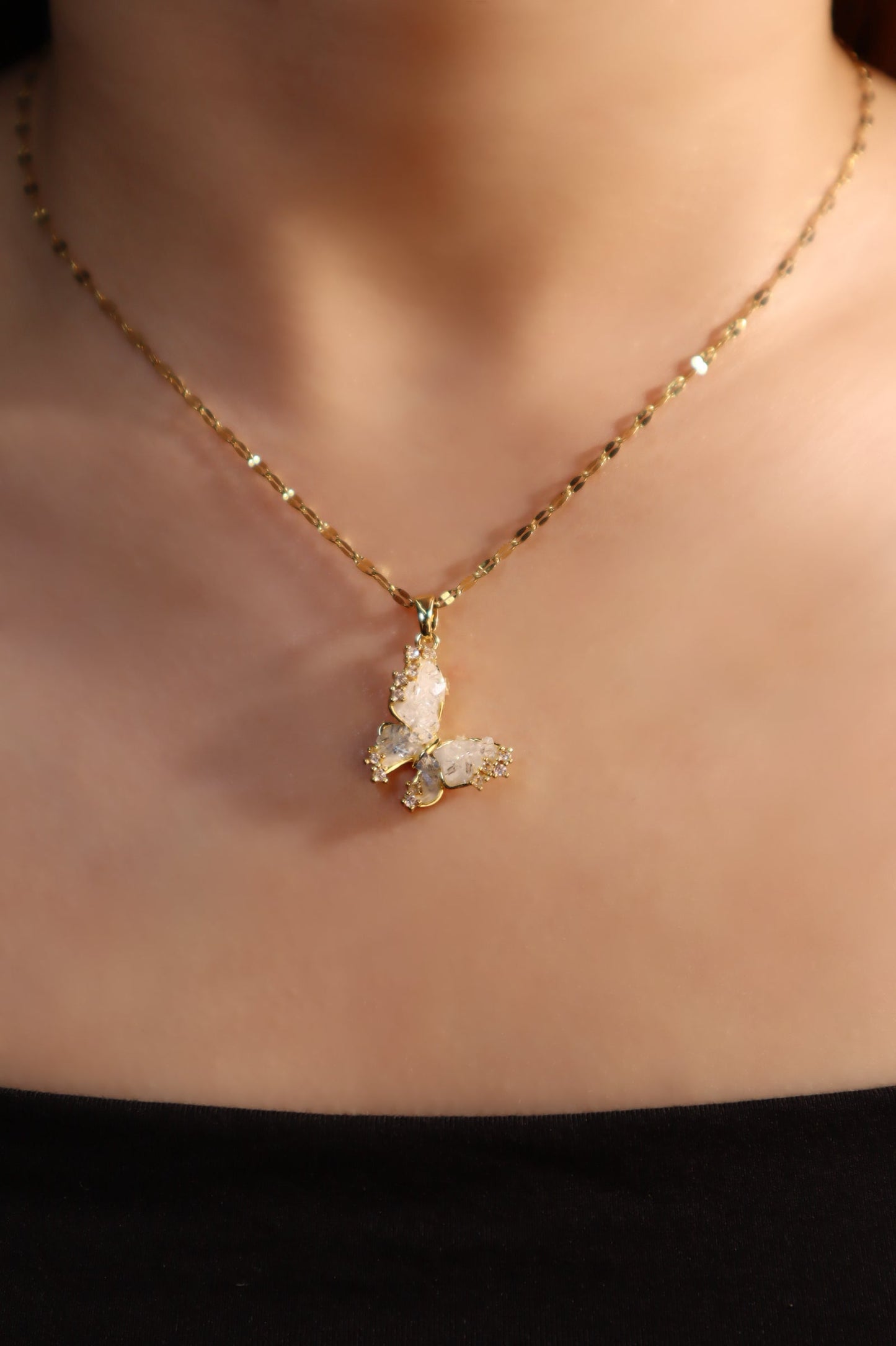 18K Real Gold Plated Crystal Butterfly Pendant Necklace