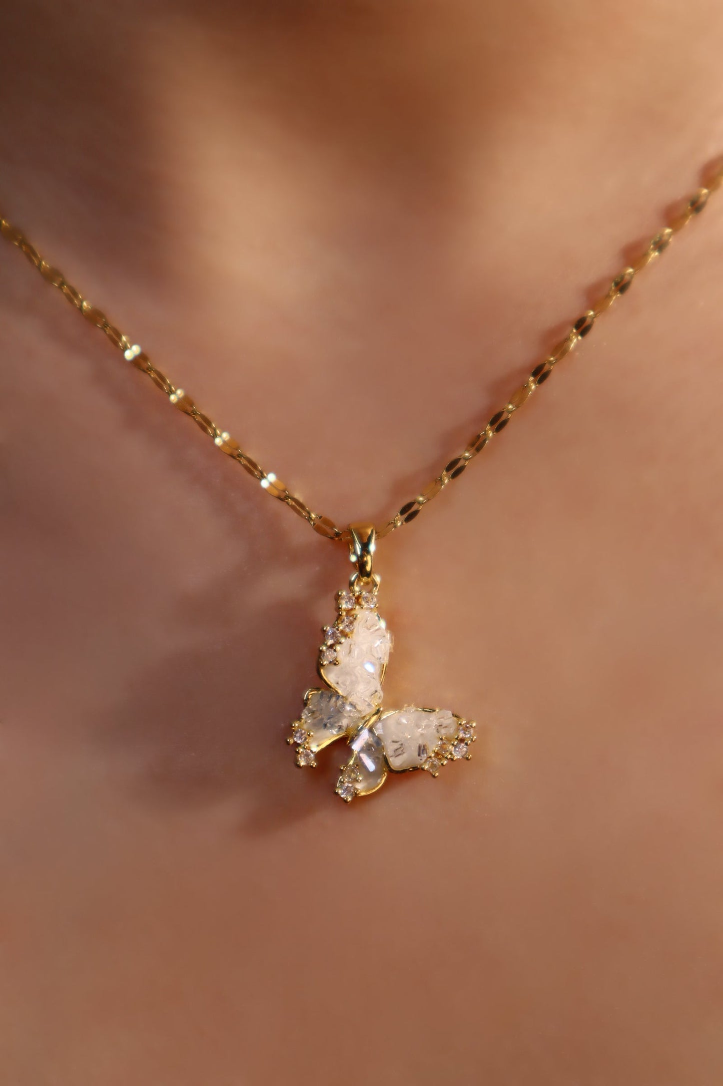18K Real Gold Plated Crystal Butterfly Pendant Necklace