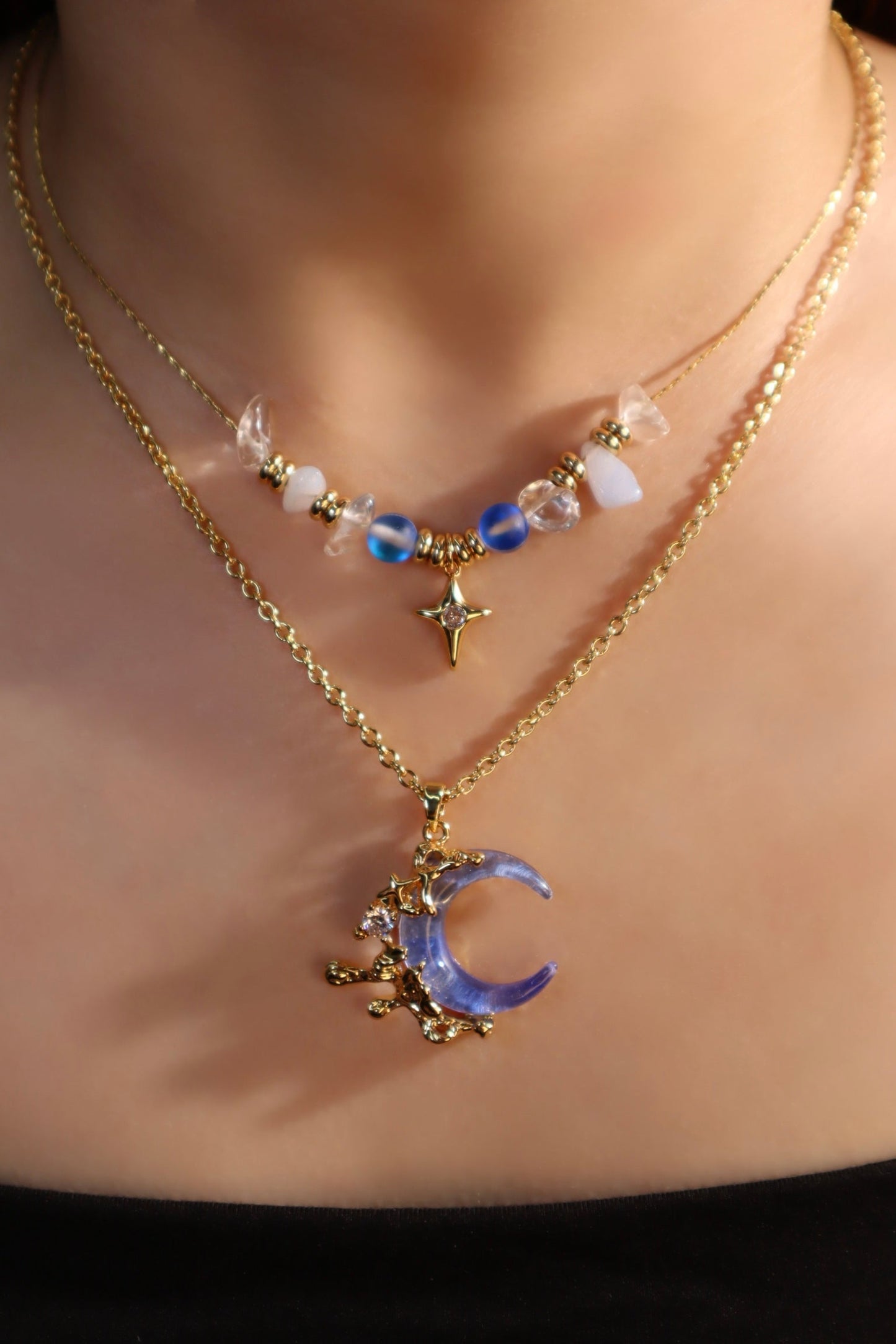 18K Real Gold Plated Gradient Blue Moon Necklace