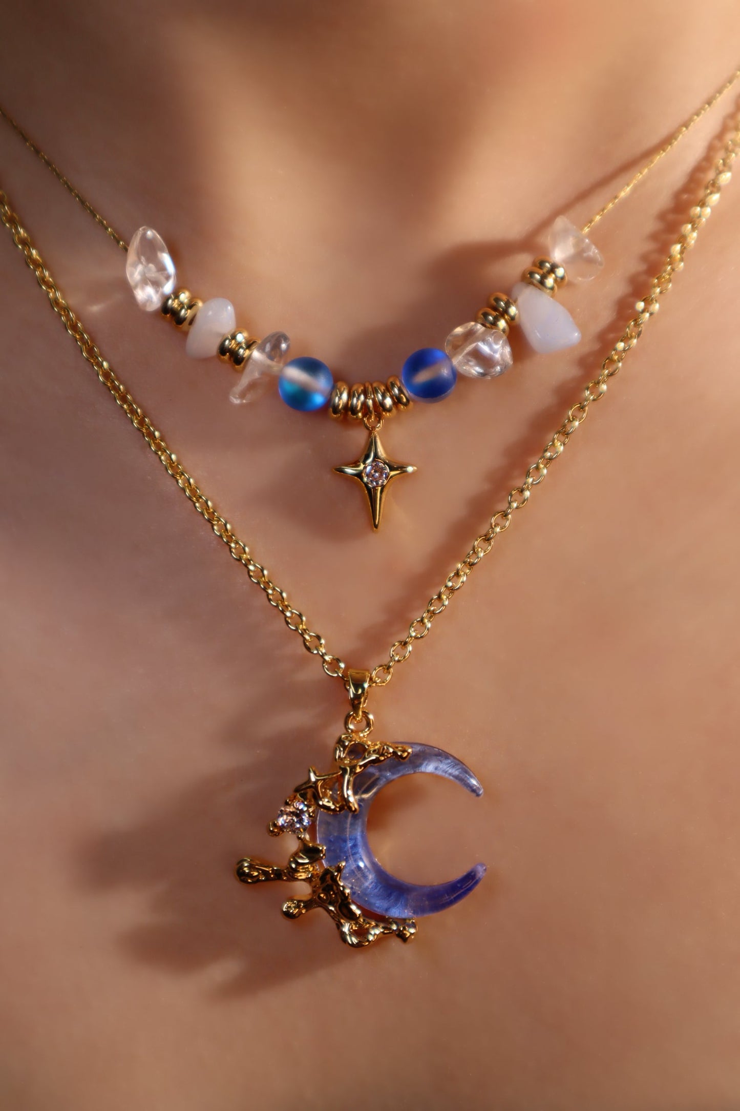 18K Real Gold Plated Gradient Blue Moon Necklace