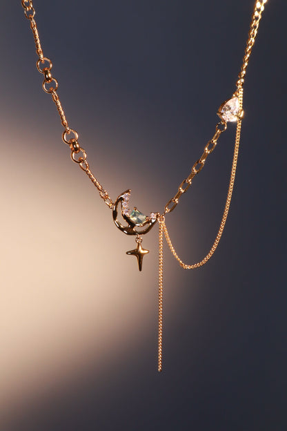 18K Real Gold Plated Blue Gem Moon Star Necklace