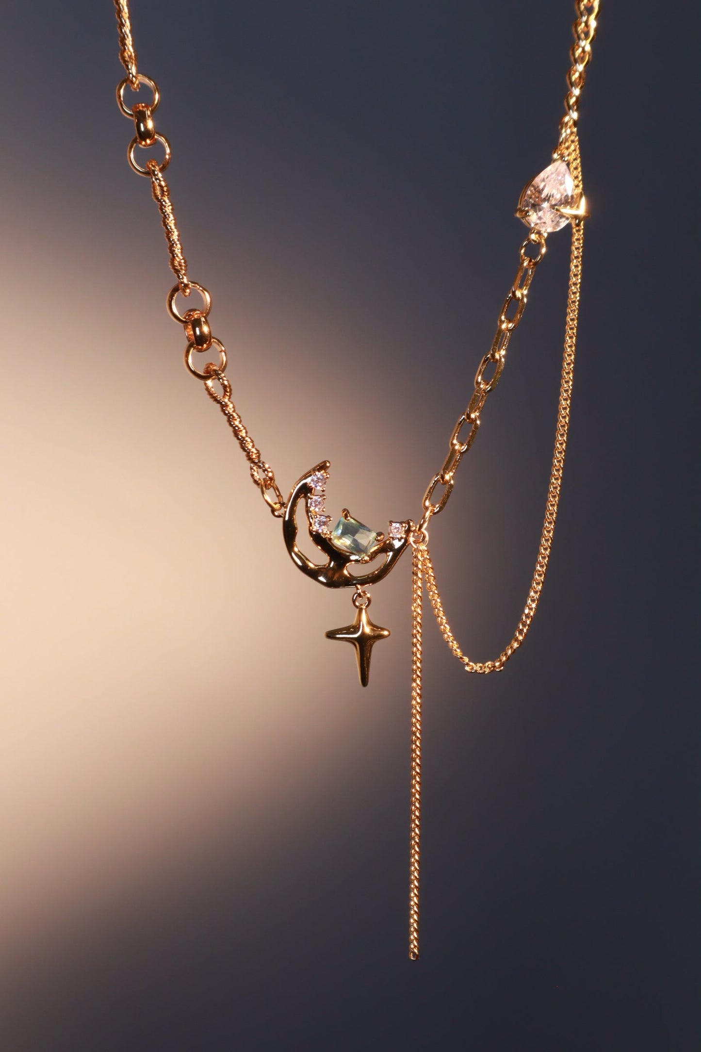 18K Real Gold Plated Blue Gem Moon Star Necklace