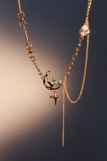 18K Real Gold Plated Blue Gem Moon Star Necklace