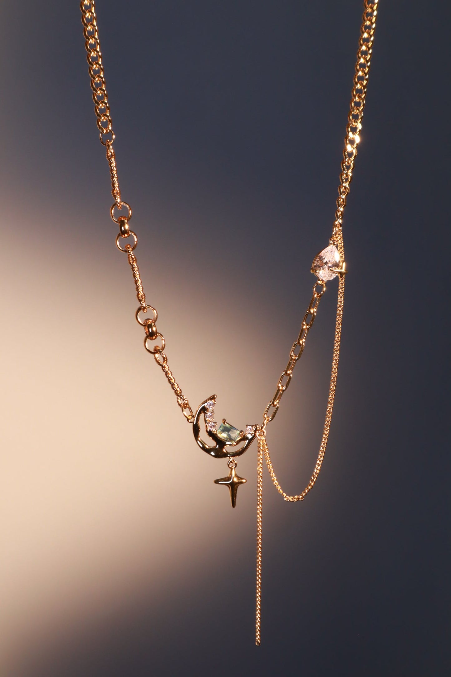 18K Real Gold Plated Blue Gem Moon Star Necklace