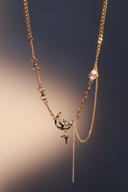 18K Real Gold Plated Blue Gem Moon Star Necklace