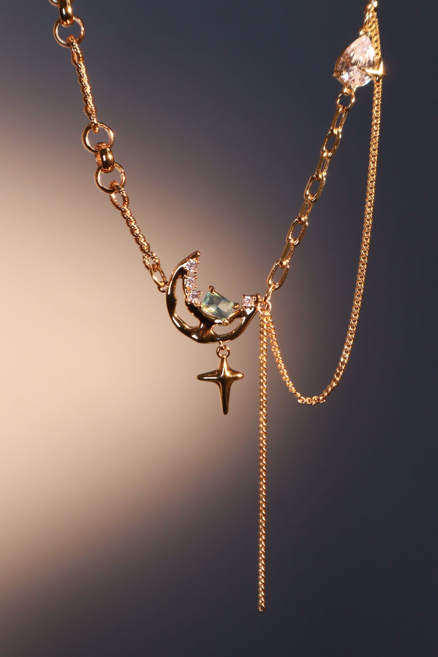 18K Real Gold Plated Blue Gem Moon Star Necklace