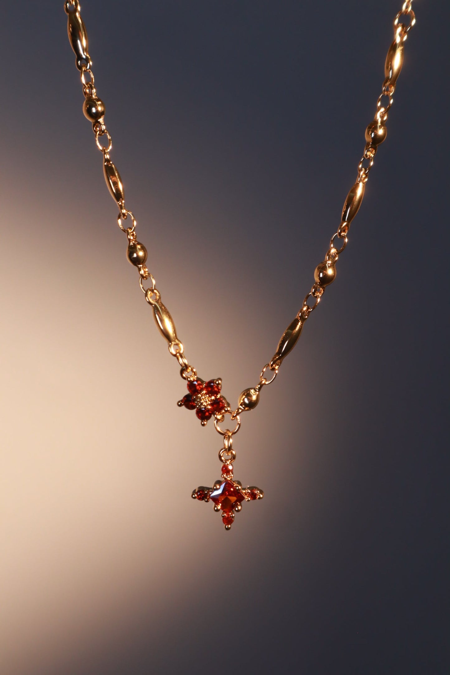 18K Real Gold Plated Ruby Starlight Cross Necklace