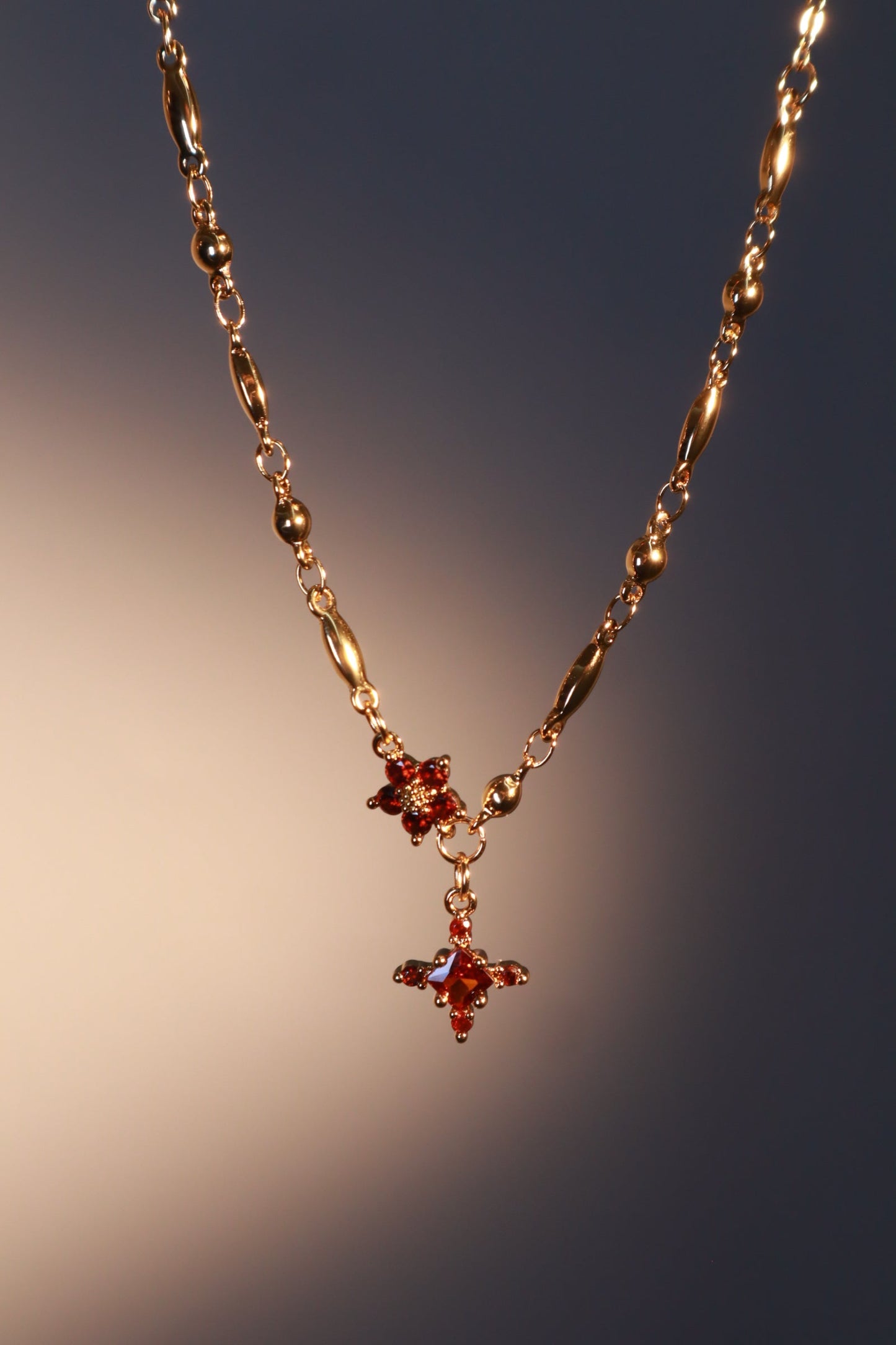 18K Real Gold Plated Ruby Starlight Cross Necklace