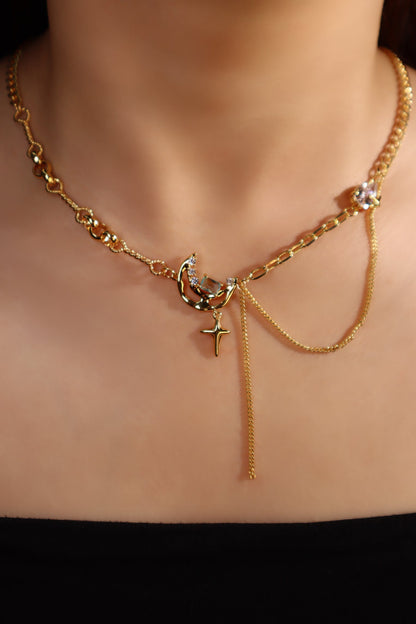 18K Real Gold Plated Blue Gem Moon Star Necklace
