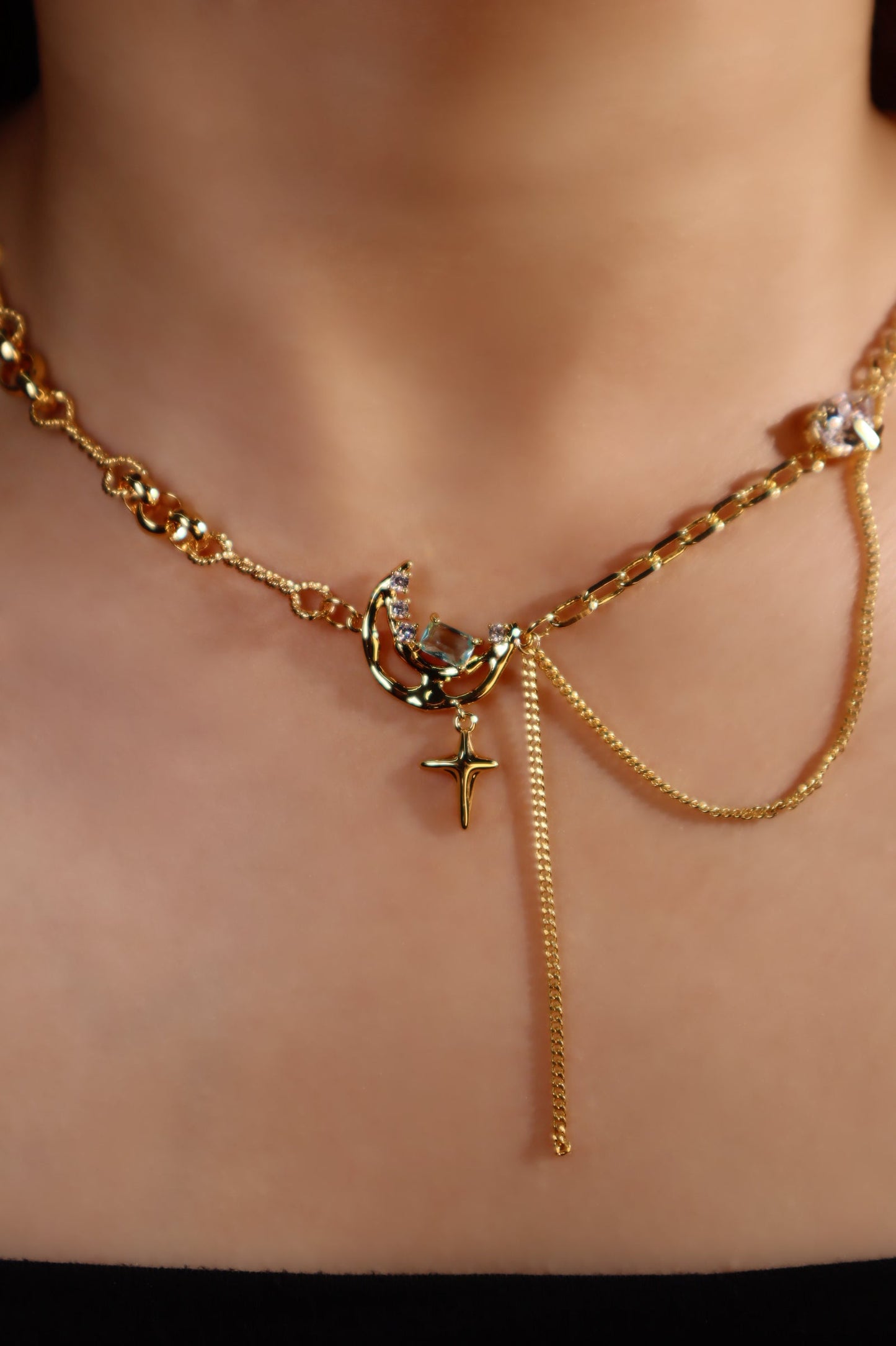 18K Real Gold Plated Blue Gem Moon Star Necklace