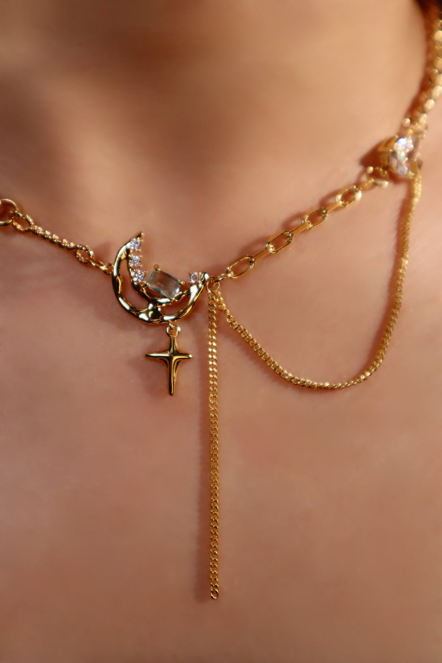 18K Real Gold Plated Blue Gem Moon Star Necklace