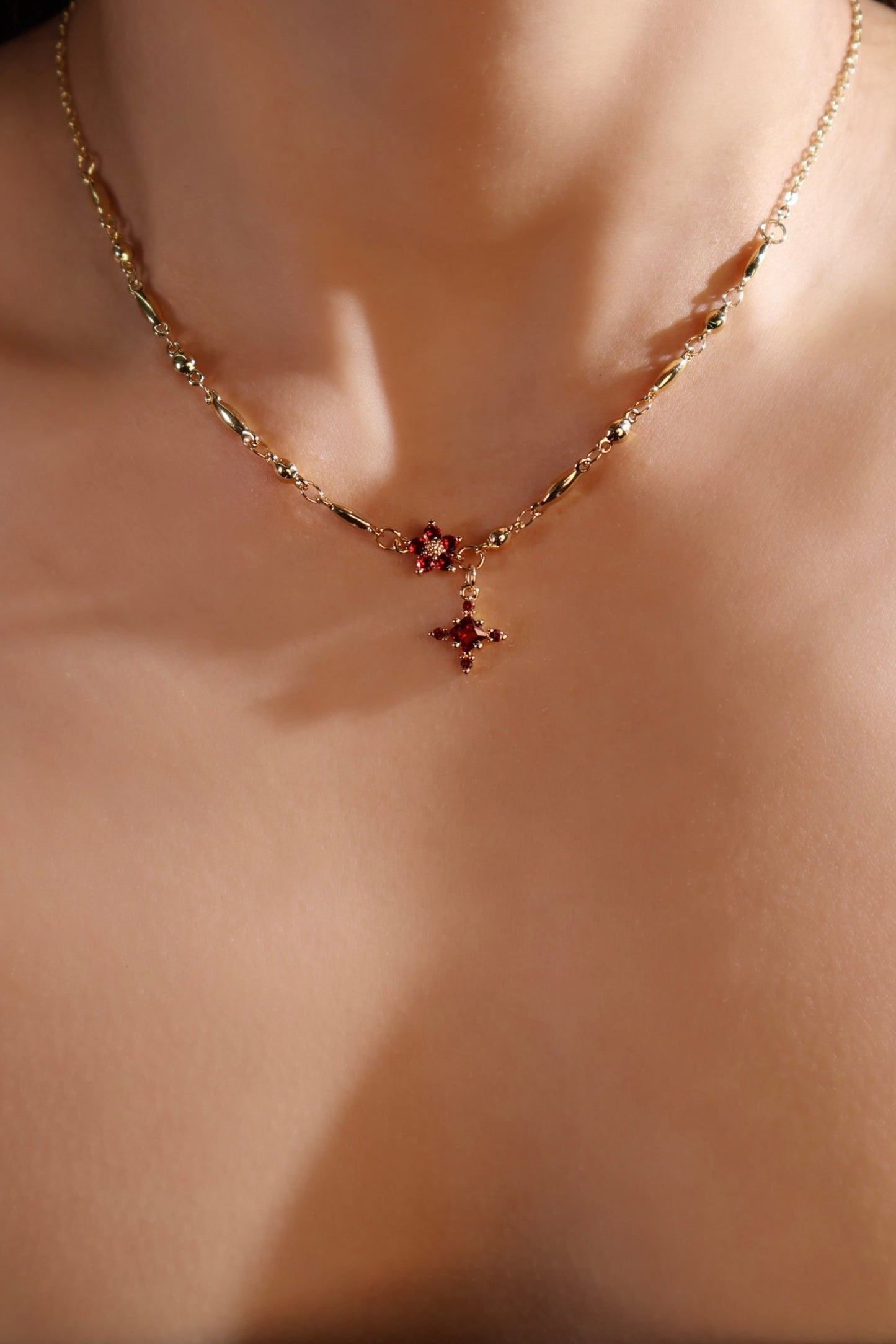 18K Real Gold Plated Ruby Starlight Cross Necklace