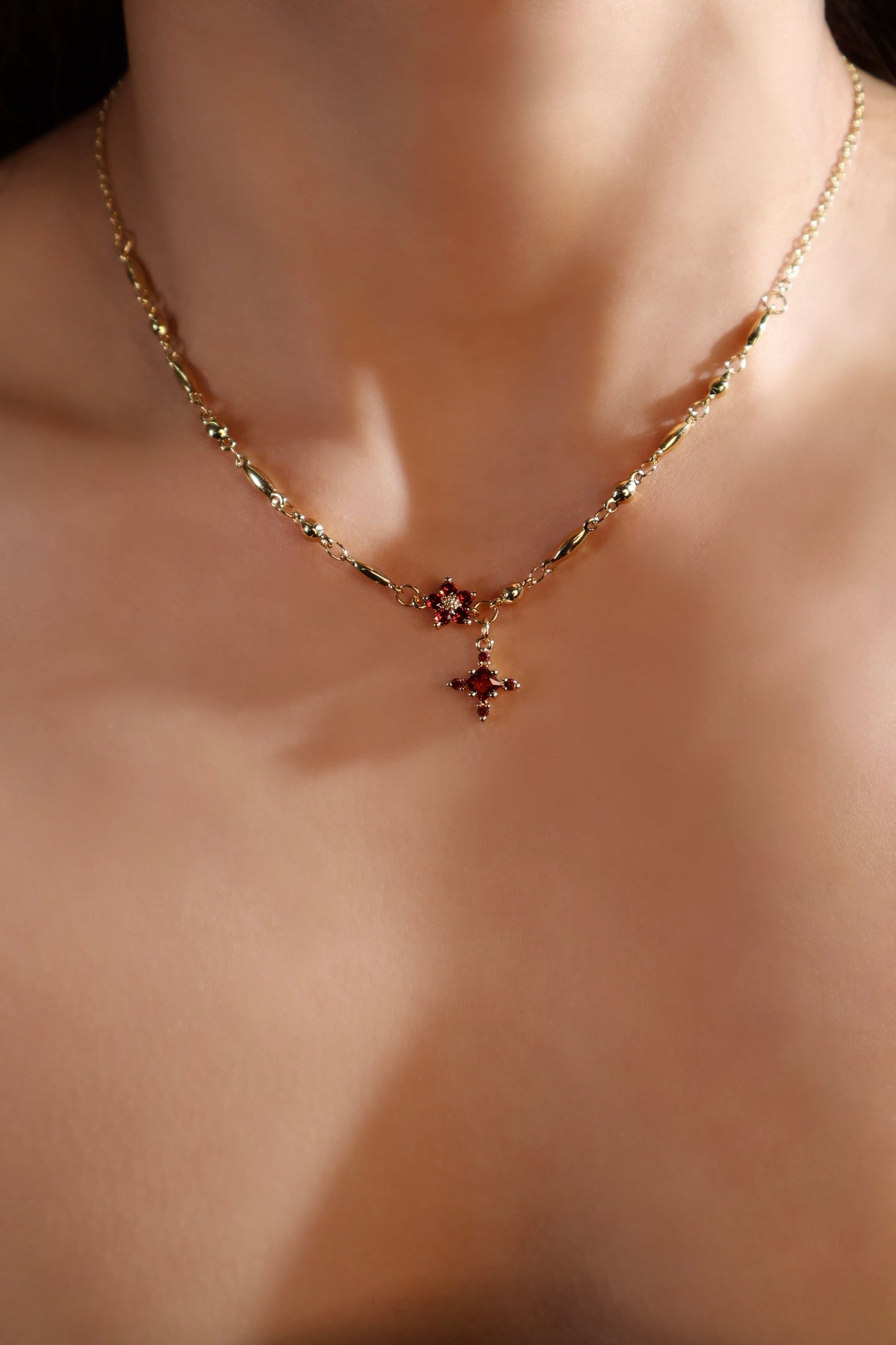 18K Real Gold Plated Ruby Starlight Cross Necklace