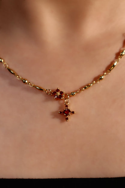 18K Real Gold Plated Ruby Starlight Cross Necklace