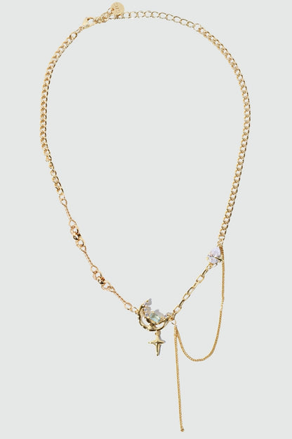 18K Real Gold Plated Blue Gem Moon Star Necklace