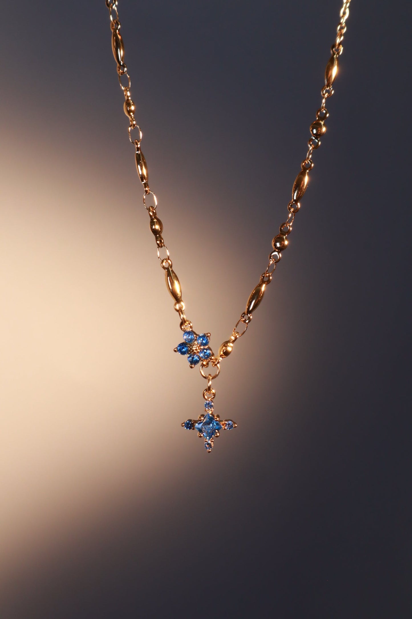 18K Real Gold Plated Aquamarine Starlight Cross Necklace